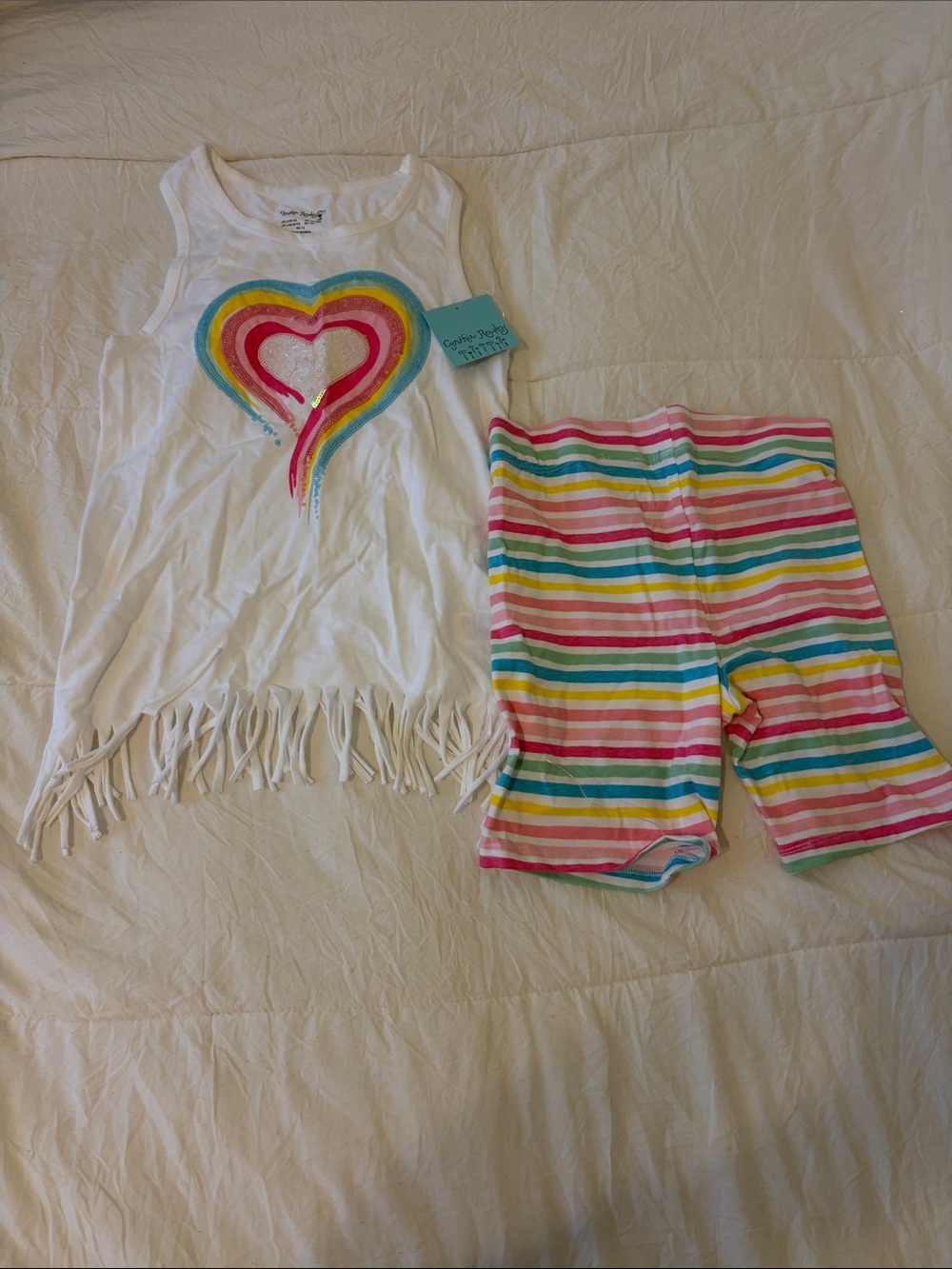 Girls White Fringe Tank Top & Rainbow Stripe Shorts Set